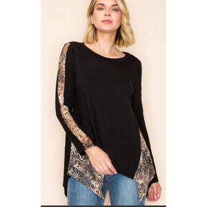 Women's Vocal Black & Taupe Animal Print Tunic Top L